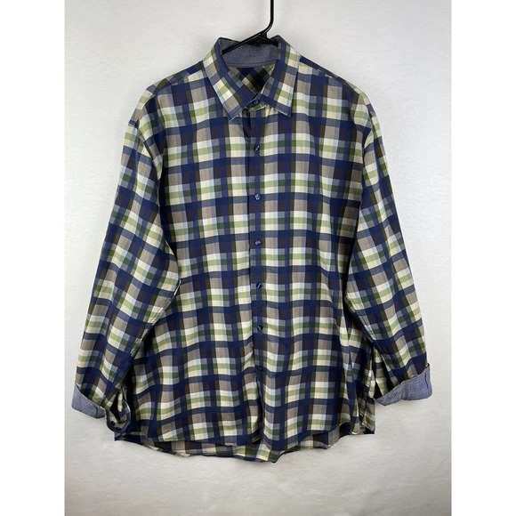 Tasso Elba Button Up Shirt Mens Plaid Long Sleeve Reverse Cuff XL 17”-17.5” - Picture 1 of 5